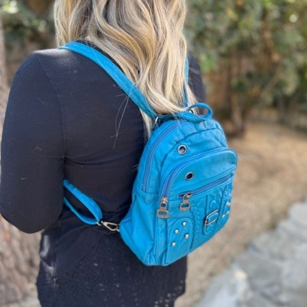 Aqua Vegan Leather Mini Backpack with Pockets and Zippers